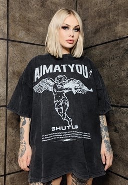 Punk t-shirt premium vintage wash grunge angel tee in grey