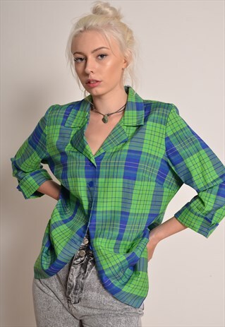 VINTAGE 90S LIGHT FLANNEL SHIRT IN GREEN AND BLUE CHECK