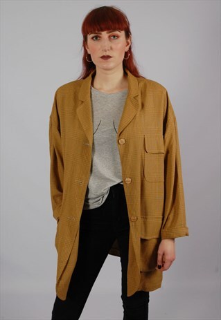VINTAGE 80S MUSTARD BROWN CHECKED SILK JACKET