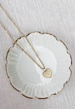 Gold Heart Monogram Initial V Charm Pendant  Necklace