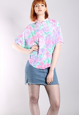 VINTAGE 80S PASTEL FLORAL BATWING SHIRT