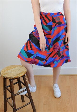 WOMENS VINTAGE 80S SKIRT HIGH WAIST RED ABSTRACT PATTERNED