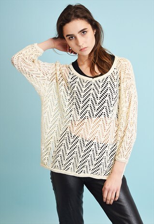 90'S RETRO NEUTRAL OVERSIZED SHEER FISHNET BLOUSE TOP