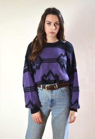 80S VINTAGE PURPLE & BLACK ABSTRACT PATTERN KNIT JUMPER