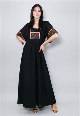 70's Vintage Ladies Dress Black Folk Hippy Embellished Maxi