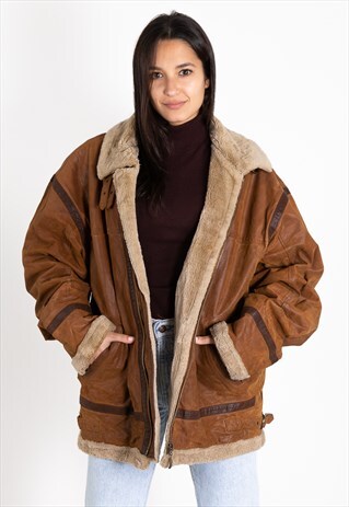 VINTAGE 80S SHEARLING COAT REAL LEATHER / S0290