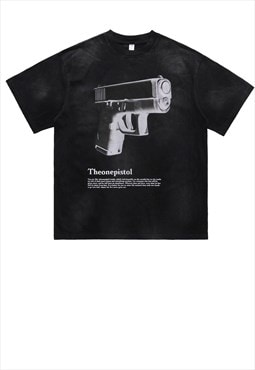 Pistol t-shirt retro gun print tee grunge punk top in black
