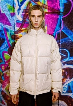 Faux leather quilted bomber padded puffer jacket in cream
