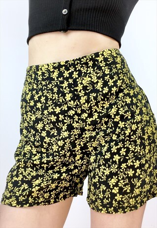 VINTAGE HIGH WAISTED FLORAL PRINT BLACK & YELLOW SHORTS BOHO