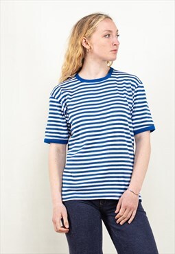 Vintage 80s Striped Ringer T-Shirt in Blue and White