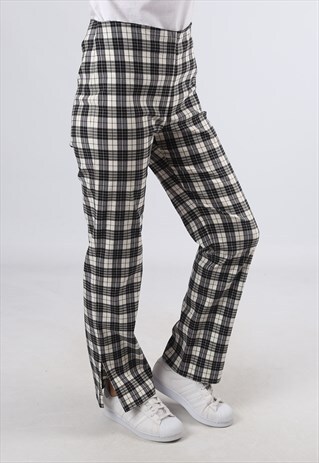 HIGH WAISTED TROUSERS TARTAN CHECKED STRAIGHT UK 12 (DJ2F)