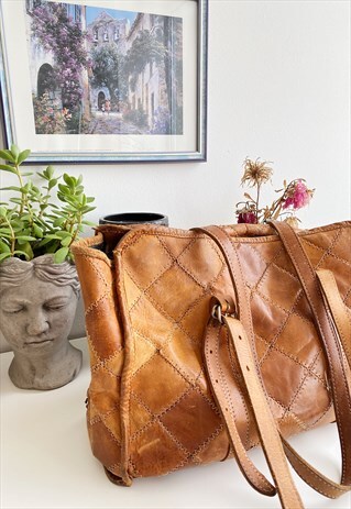 VINTAGE 70S BOHO HANDMADE PATCHWORK LEATHER LARGE BAG