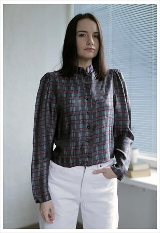VINTAGE MULTICOLOR CHECKED PUFF SLEEVES BLOUSE