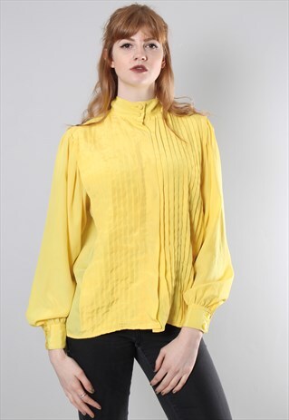 VINTAGE 80S YELLOW HIGH NECK PLEAT BLOUSE