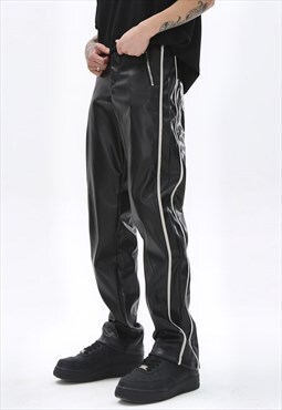 Faux leather trousers rubber feel overalls in black