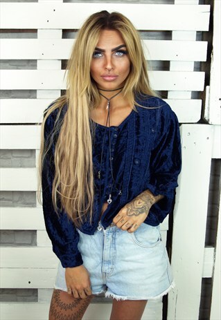 BLUE VELVET BOHO MIRRORED CROPPED CARDIGAN/JACKET