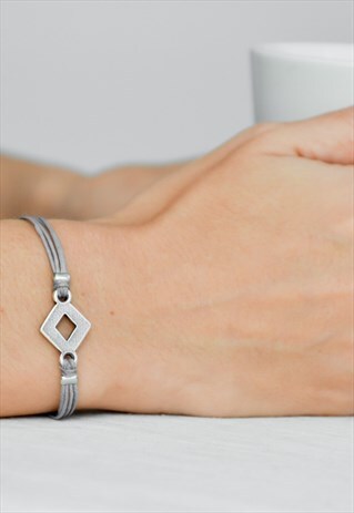GREY CORD BRACELET SILVER RHOMBUS CHARM GIFT FOR HER