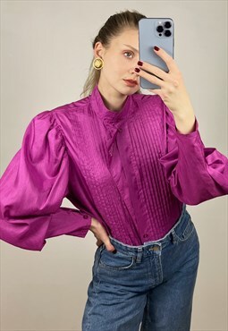Elegant Fuchsia Pink Silky Blouse with puffy sleeves
