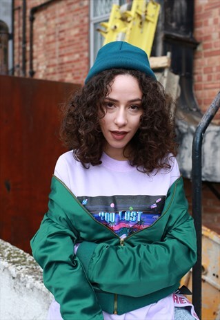 GREEN SATEEN LEOPARD BOMBER JACKET