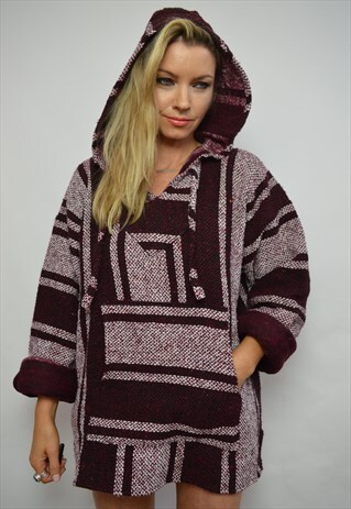 90S OVERSIZED BURGUNDY & WHITE STRIPED WOVEN HOODED PONCHO