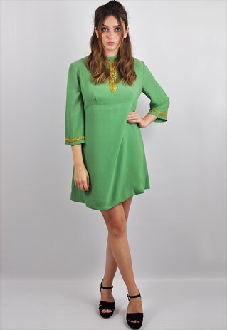 VINTAGE '60S GREEN EMBELLISHED MINI DRESS
