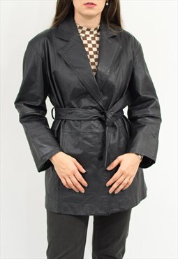 Vintage 90s leather jacket in black belted oversized