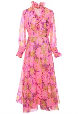 Vintage 1970s Floral Print Pink & Purple Ruffled Dress - L