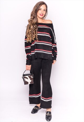 BLACK KNIT JUMPER & TROUSERS CO-ORD WITH STRIPES
