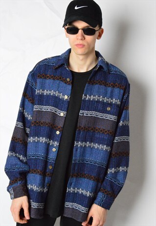 VINTAGE 90S BLUE AZTEC WOOL BLEND THICK LONG SLEEVE SHIRT
