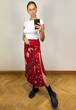 Vintage Red Floral Semi-Sheer Wrap Midi Skirt