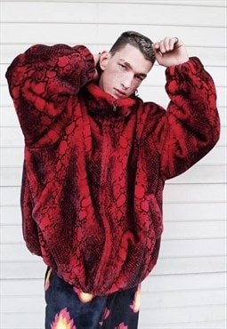 Python fleece jacket handmade snake fake fur bomber red
