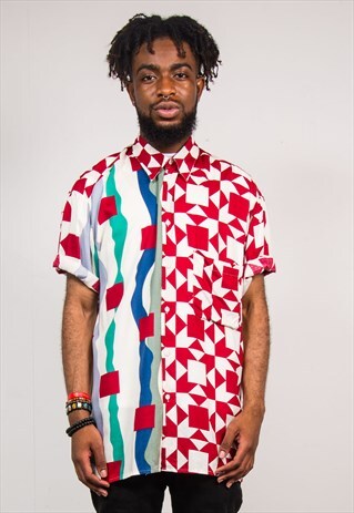 VTG 90'S BRIGHT CRAZY ABSTRACT PATTERN SHORT SLEEVE SHIRT