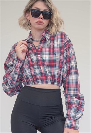 VINTAGE REWORKED RALPH LAUREN CROP TOP IN RED GREY CHECKED