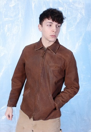 VINTAGE RALPH LAUREN BROWN ZIPPED LEATHER JACKET