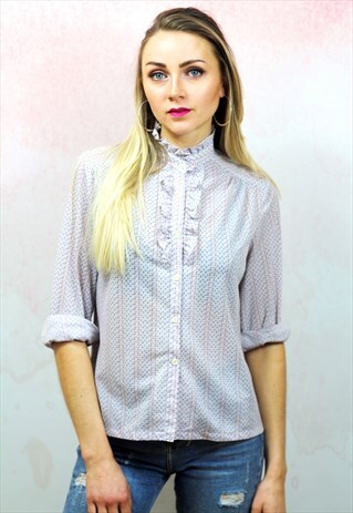 1980S VINTAGE GREY AND LILAC HIGH NECK RUFFLE BLOUSE