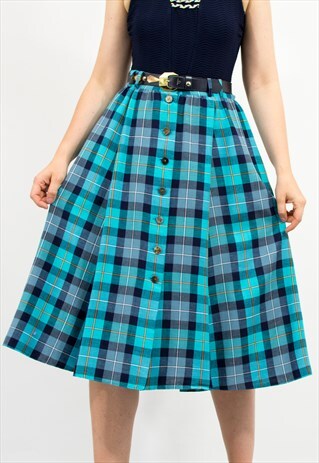 Vintage plaid midi skirt in blue belted Trachten