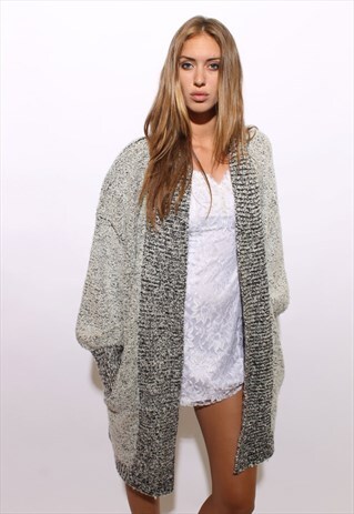 VINTAGE 1980'S 80'S BOUCLE GREY SWEATER COAT CARDIGAN OS