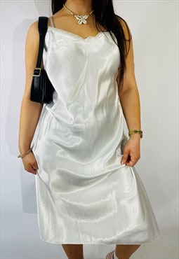 Vintage Size L Satin Midi Slip Dress in White