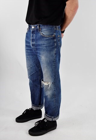 VINTAGE DEEP BLUE WASH WORN LEVI'S 501 JEANS RIP KNEE