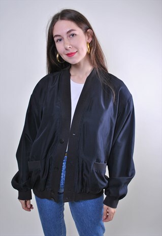 WOMAN VINTAGE BLACK BUTTONS AVIATOR BOMBER JACKET