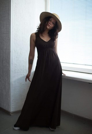 VINTAGE 70'S MAXI BROWN SLEEVELESS DRESS