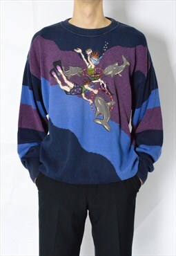 Vintage 80s Blue Purple Embroidered Ocean Dolphin Sweater