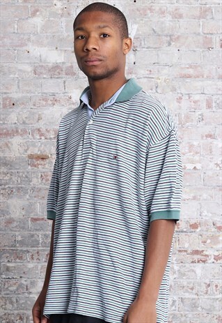 VINTAGE TOMMY HILFIGER LOGO STRIPED POLO SHIRT WHITE BLUE