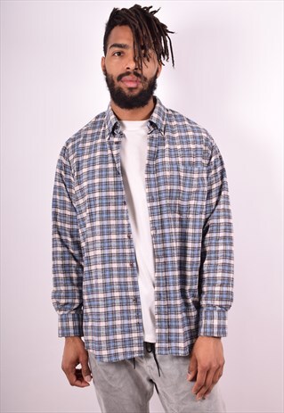 MENS VINTAGE FLANNEL SHIRT LARGE BLUE CHECK 90S