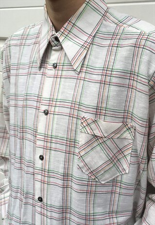MENS VINTAGE 70S WHITE CHECKED FLANNEL POINTY COLLAR SHIRT