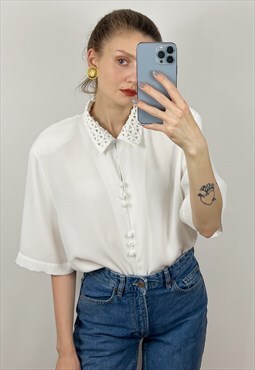 Short Sleeve White Embroidered Blouse, Office blouse