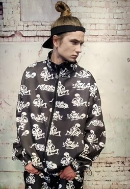 Alien print track jacket handmade UFO cartoon bomber black