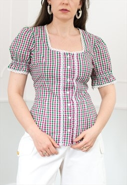 Vintage bavarian blouse in check pattern trachten top