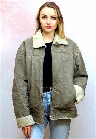 1980S VINTAGE GREY LEATHER OVERSIZED AVIATOR JACKET