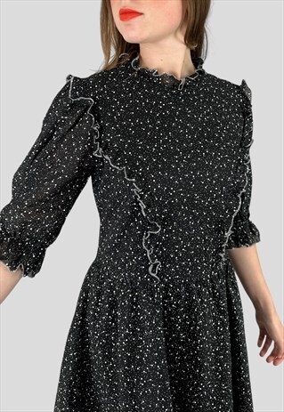 70's Vintage Victoriana Black Ruffle Mini Skater Skirt Dress
